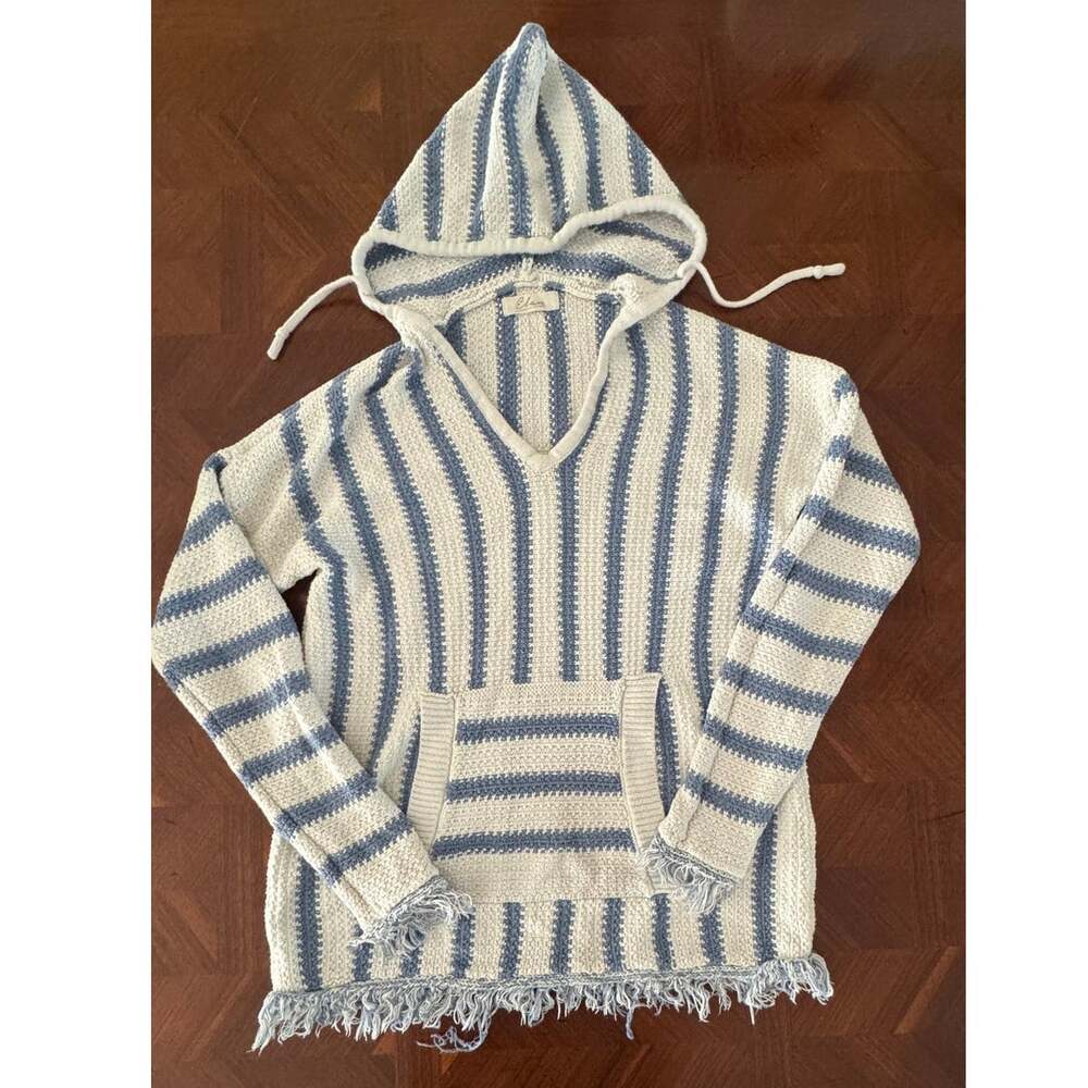 Elan Hooded Striped Cotton Sweater Poncho -S- Blue Cream Fringe Boho Coastal